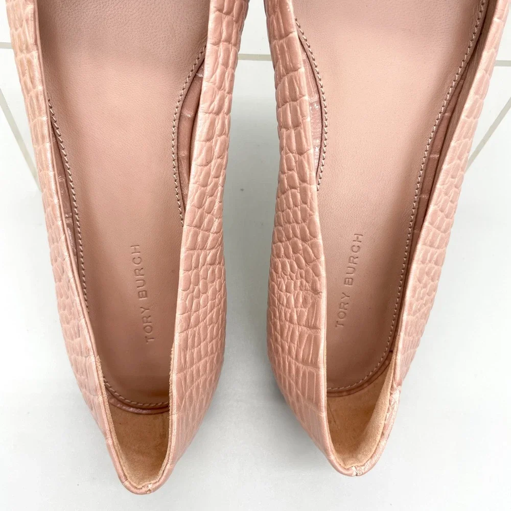Tory Burch Georgia Ballet Flats Womens 9.5M Pink Croc Leather Square Toe Preppy